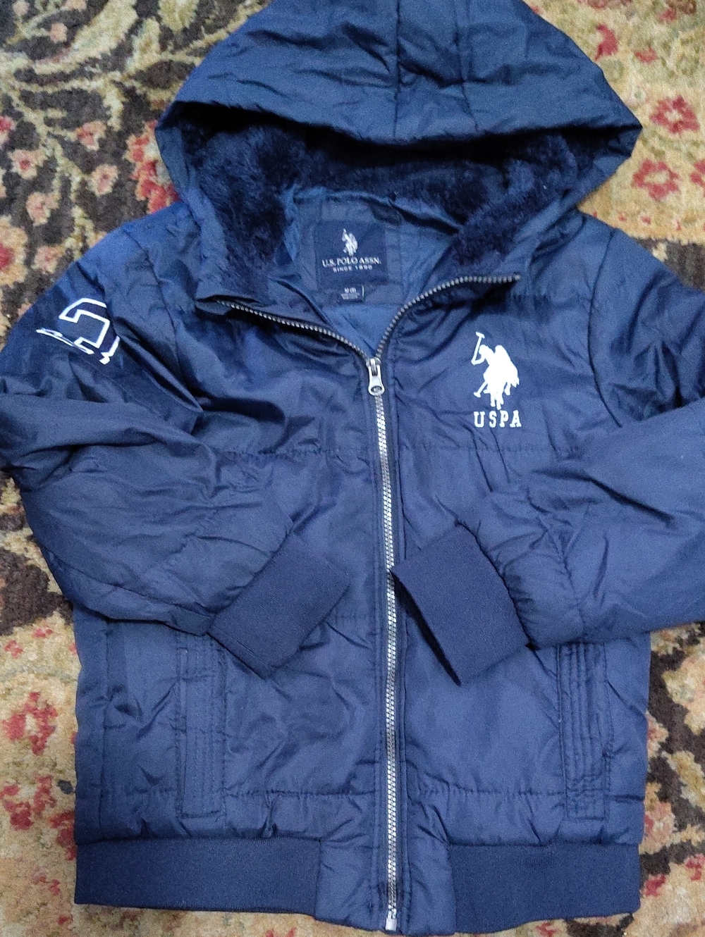 U.S. Polo Assn. Kids Navy Hooded Puffer with Faux-Fur Lining Size 8 $45